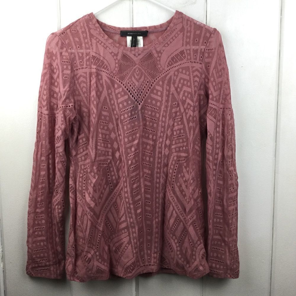 NWT BCBGMAXAZRIA Rose Pink “AGDA” Fitted Lace Long Sleeved Top‎ - Medium